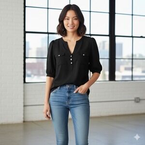 41Hawthorn Women's Black Henley Blouse 3/4 Sleeve V-Neck Shirt Top - Size M